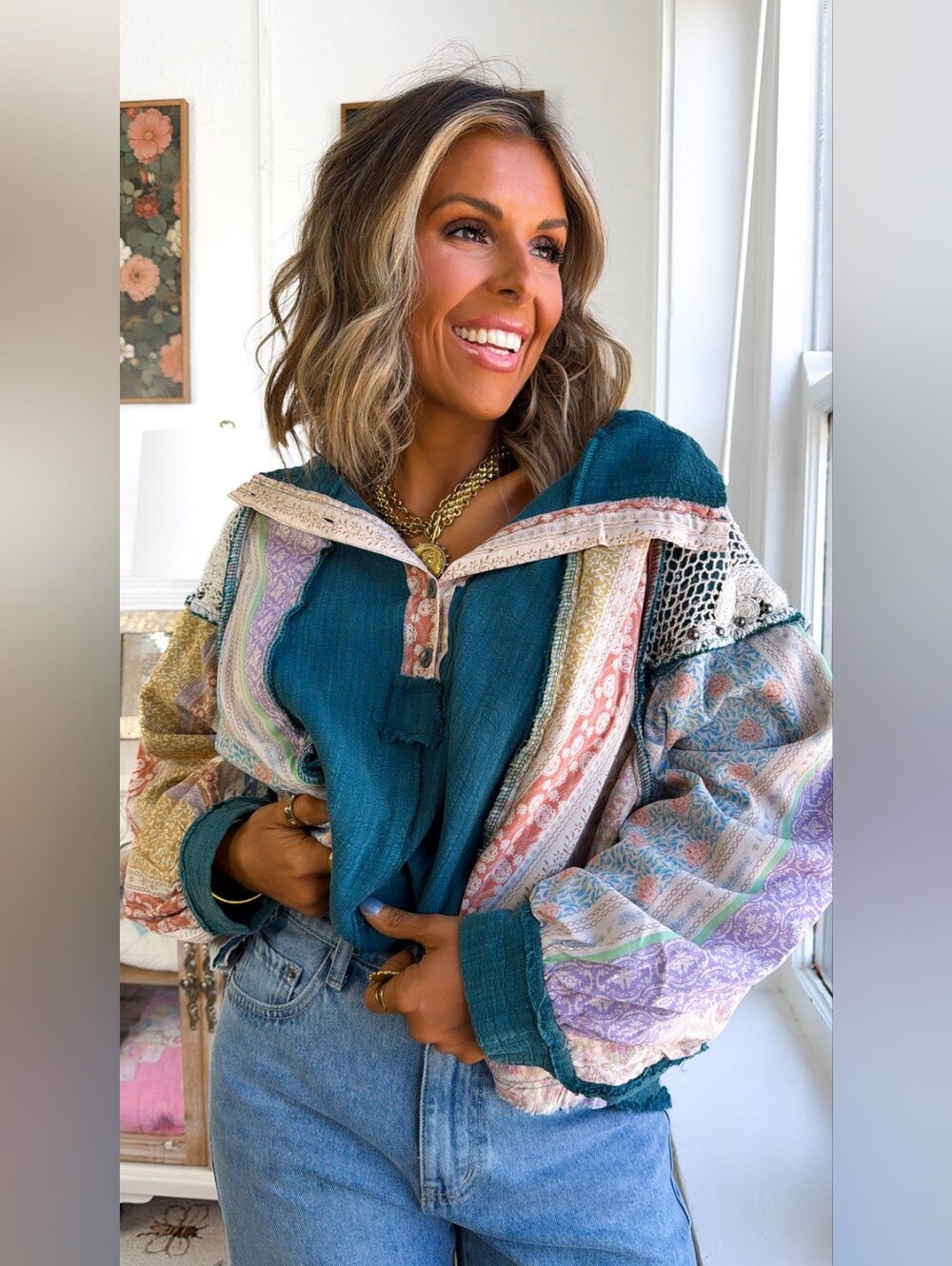POL Teal and Pastel Multi-Panel Pullover - Picture 3 of 16